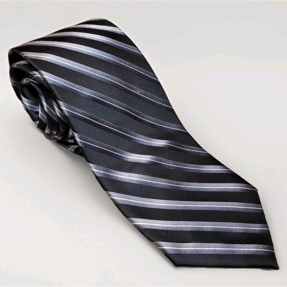 Sleek Black, Gray & Silver Striped Silk-Feel Tie - Modern Business/Formal Wear